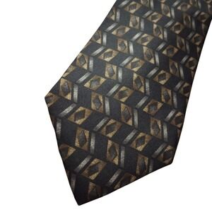 Barrington Mens Silk Tie Black Gold Silver Geometric Diamond Chevron Pattern